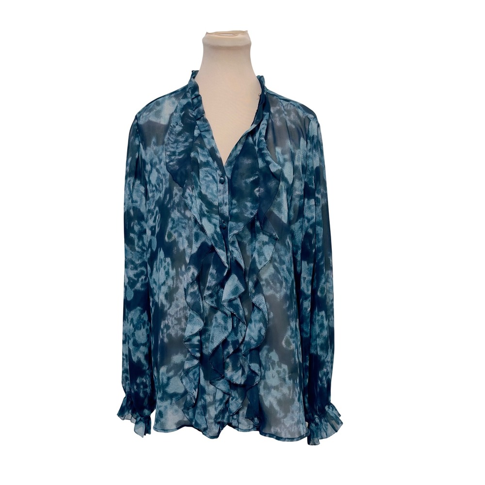 Dialogue Women Blouse 1X Blue Watercolor Sheer Ruffle Boho Ethereal Artsy Chic